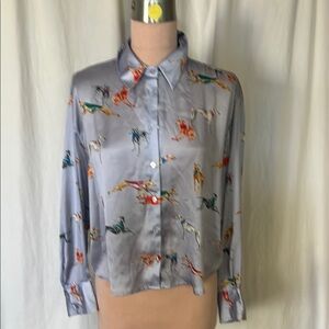 Zara Blue Button Down Shirt silky satin  dog print
